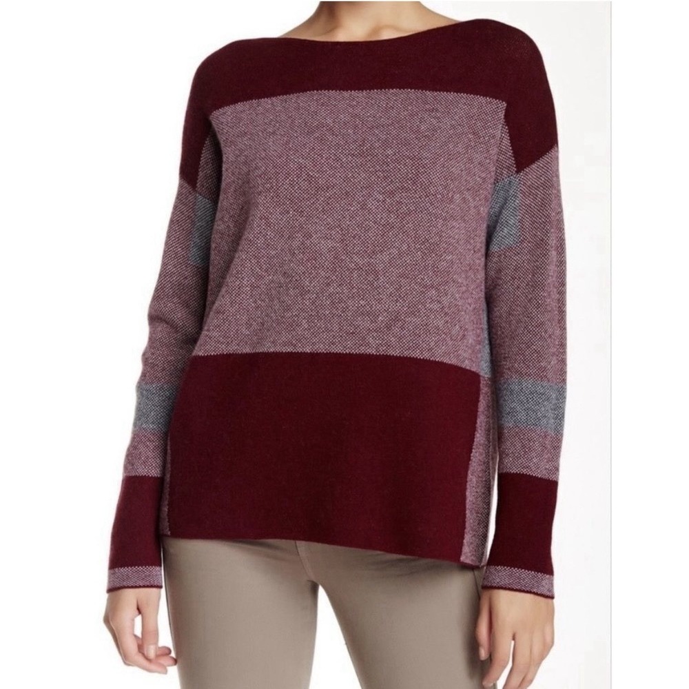 Vince Wool & Cashmere Colorblock Boatneck Sweater - Burgundy/Grey - Size S
